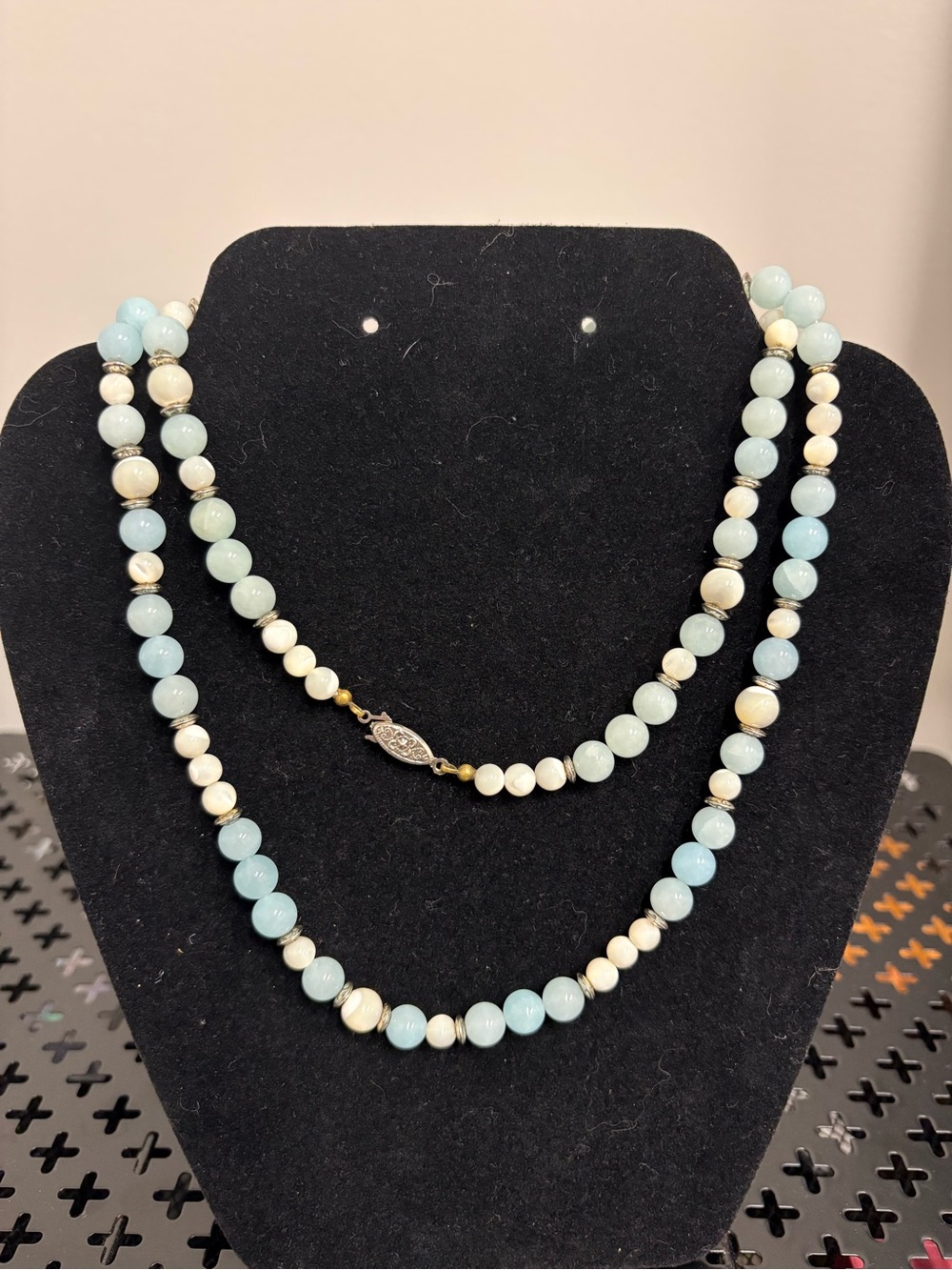 Aquamarine and Mother of Pearl necklace 32 inches